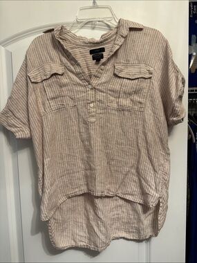 J Crew Striped Beige Linen Blend Short Sleeve Shirt